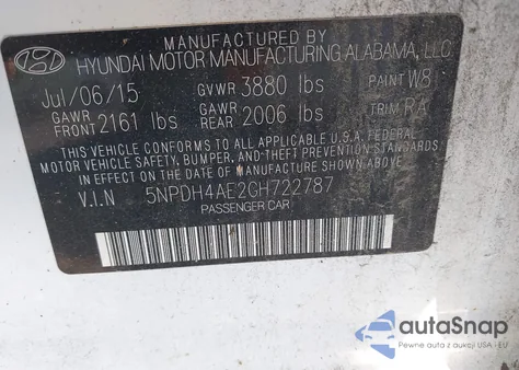 2016 Hyundai Elantra Se from USA, damaged, VIN 5NPDH4AE2GH722787